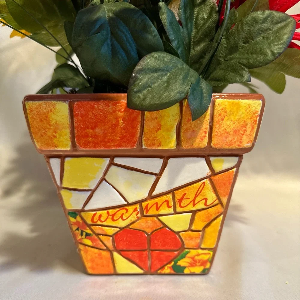 Daisy Floral Arrangement in Mosaic Ceramic Pot Yellow Orange Red